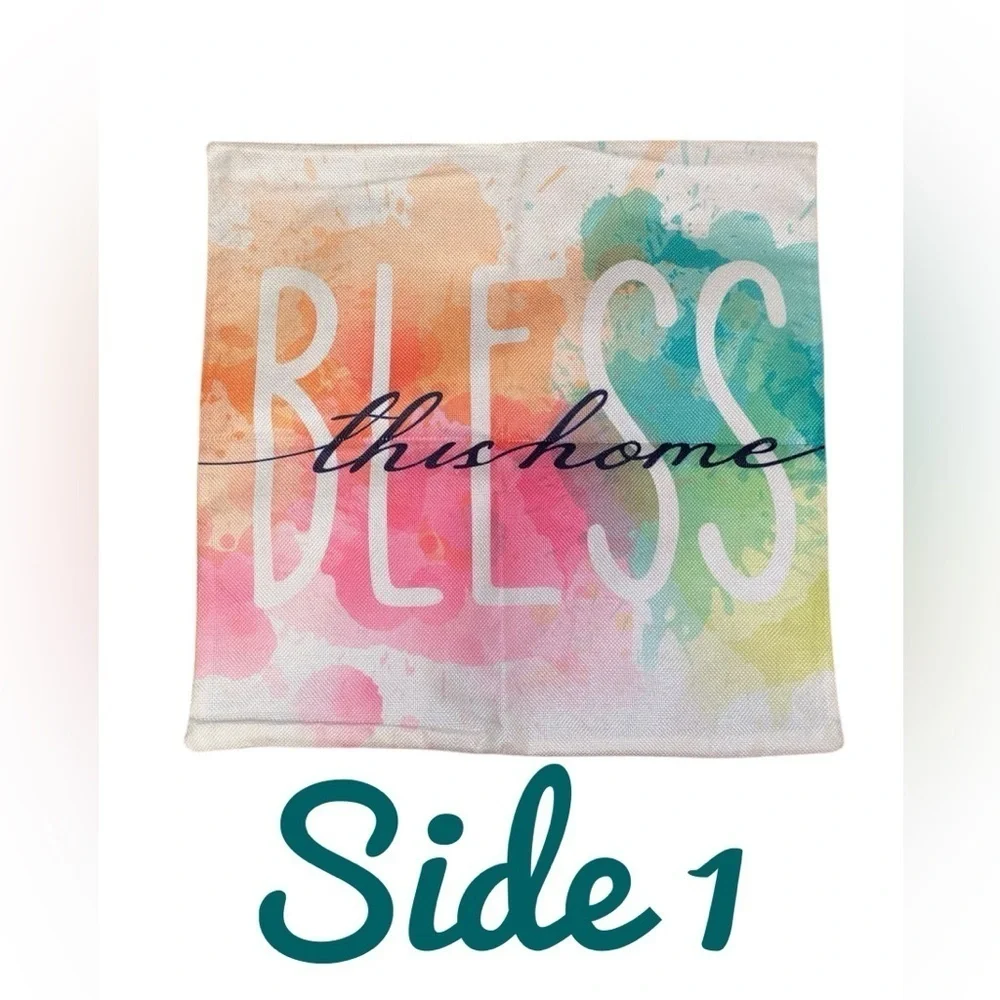 THROW PILLOW COVER-Boho “Bless This Home”  Watercolors Indoor/Outdoor 17.2” SQ